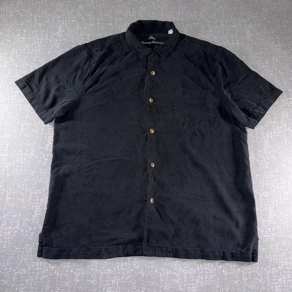 Tommy Bahama Shirt Mens Large Black Silk Hawaiian Floral Aloha Button Up
